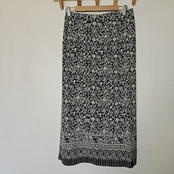 Talbots Petites 100% Silk Black White Floral Midi Skirt Size 10P Lined Side Slit - Picture 4 of 14